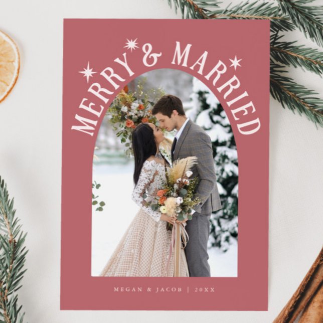 Merry & Married Arch Newlywed Photo Pink Holiday Card (Creator Uploaded)