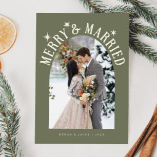 Merry & Married Arch Newlywed Photo Sage Green Holiday Card