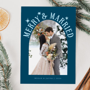 Merry & Married Arch Newlywed Photo Teal Holiday Card