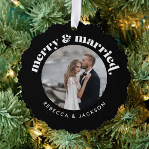 Merry Married Black Wedding Photo Christmas Tree Decoration Card