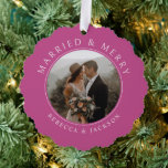 Merry Married Bold Pink Newlyweds Wedding Photo Tree Decoration Card<br><div class="desc">Merry Married Bold Pink Newlyweds Wedding Photo Ornament Card</div>