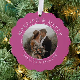 Merry Married Bold Pink Newlyweds Wedding Photo Tree Decoration Card