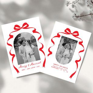 Merry & Married Bow Photo Christmas Newlyweds Arch Holiday Card