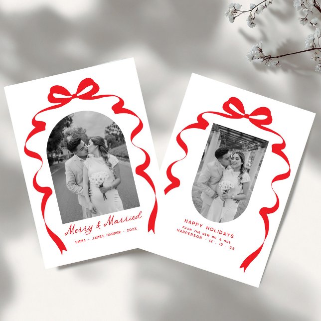 Merry & Married Bow Photo Christmas Newlyweds Arch Holiday Card (Creator Uploaded)