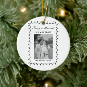 Merry & Married Bow Photo Christmas Newlyweds Ceramic Tree Decoration