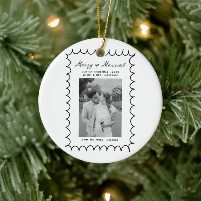 Merry & Married Bow Photo Christmas Newlyweds Ceramic Tree Decoration (Tree)