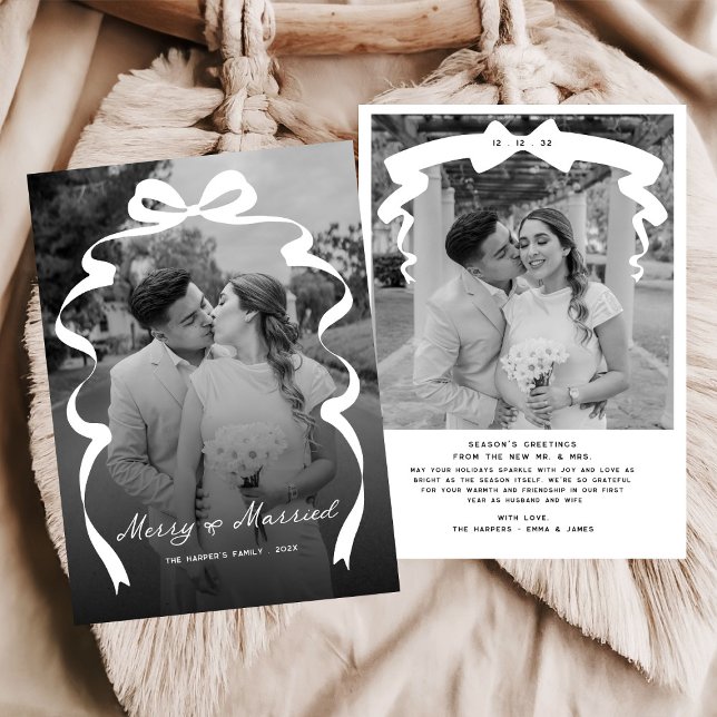 Merry & Married Bow Photo Christmas Newlyweds Holiday Card (Creator Uploaded)