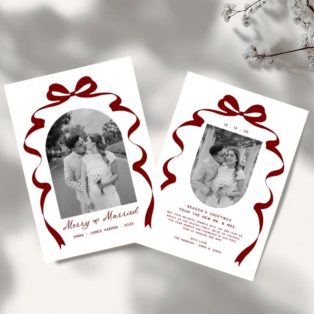 Merry & Married Bow Photo Christmas Newlyweds Holiday Card (Creator Uploaded)