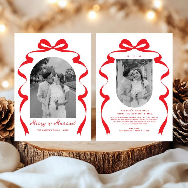 Merry & Married Bow Photo Christmas Newlyweds Holiday Card (Creator Uploaded)