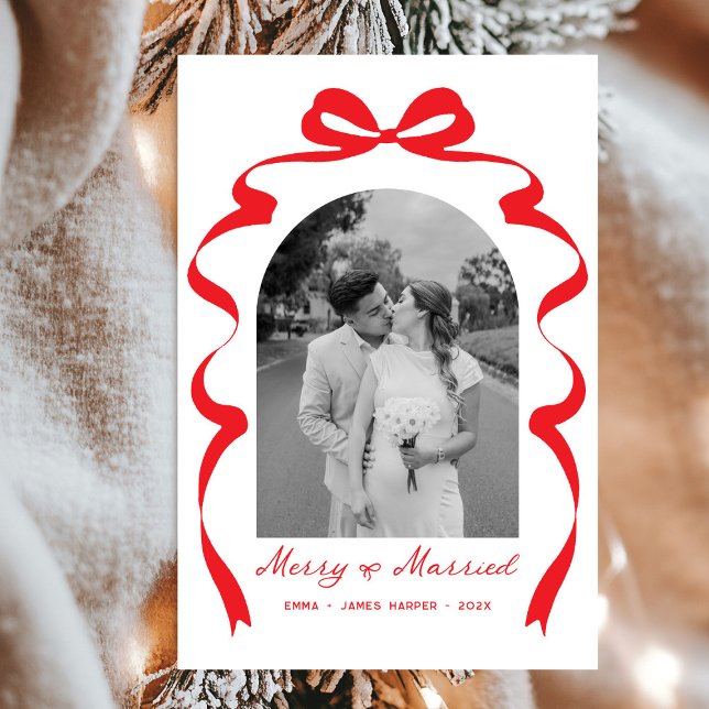 Merry & Married Bow Photo Christmas Newlyweds Holiday Card (Creator Uploaded)