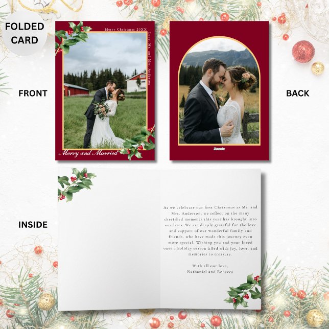 Merry & Married Burgundy 2 Photo Folded Christmas Holiday Card (Creator Uploaded)