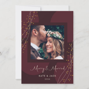 Merry & Married Burgundy Gold Newlywed Holiday Card
