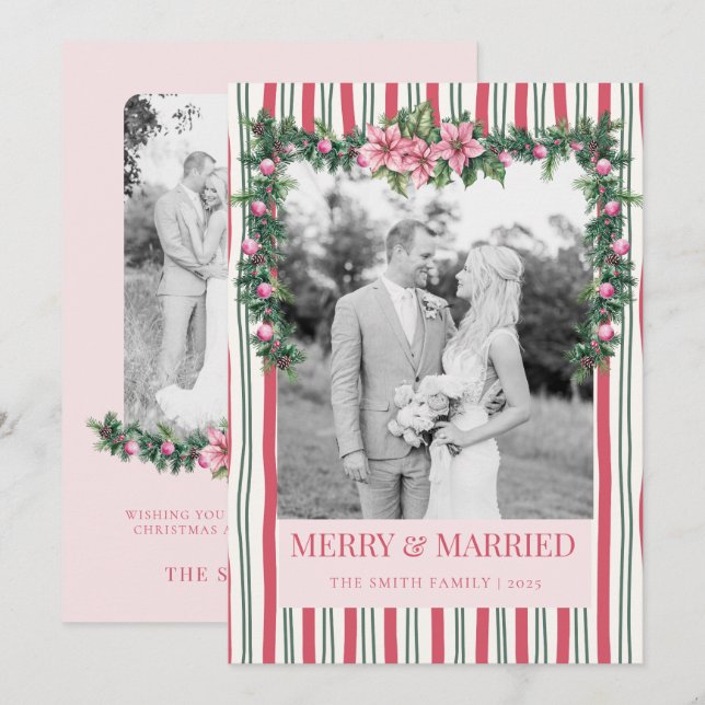 Merry & Married Christmas Garland Striped Photo Holiday Card (Front/Back)