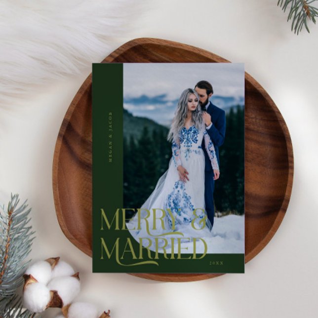 Merry & Married Christmas Newlywed Photo Green Holiday Card (Creator Uploaded)