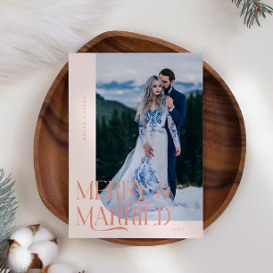 Merry & Married Christmas Newlywed Photo Peach Holiday Card