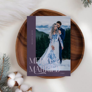 Merry & Married Christmas Newlywed Photo Plum Holiday Card