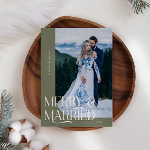 Merry & Married Christmas Newlywed Photo Sage Holiday Card