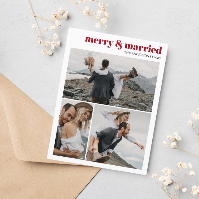 Merry & Married Christmas Newlyweds Photo Collage Postcard (Merry & Married Photo Collage Christmas Card)