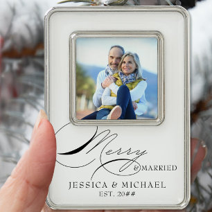 Merry & Married Couples Calligraphy Photo Silver Plated Framed Ornament
