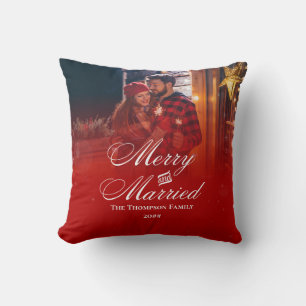 Merry Married Custom Couple Name Date Modern Photo Cushion