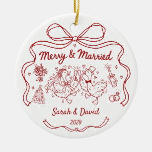 Merry & Married Custom Newlywed Goose Couple Ceramic Tree Decoration