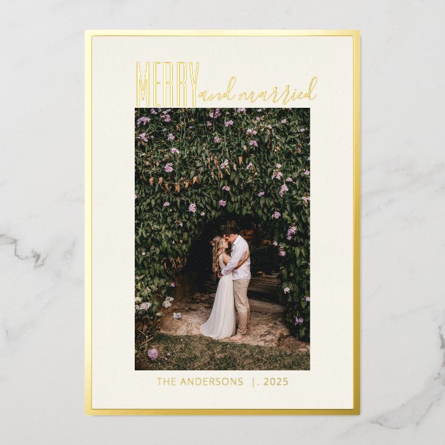Merry Married Elegant Minimal Christmas Photo Gold (Front)