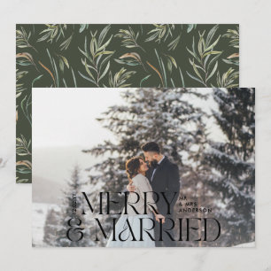 Merry & married Elegant photo modern botanical Holiday Card