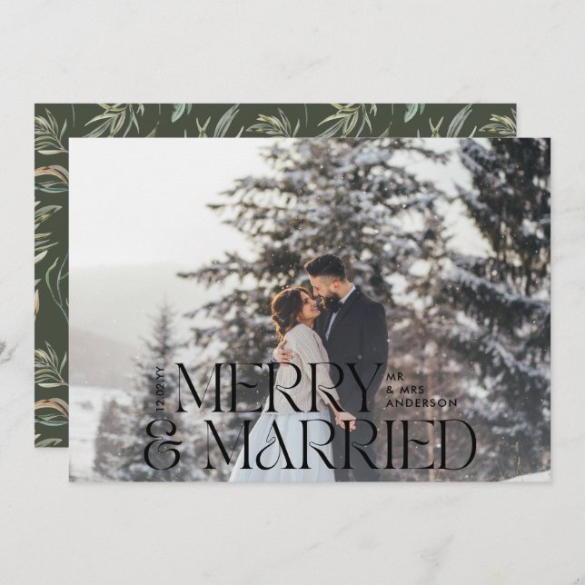 Merry & married Elegant photo modern botanical Holiday Card (Front/Back)
