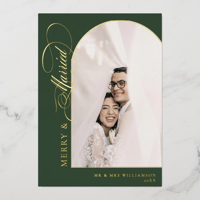 Merry & Married Elegant Script Green Arch Photo (Front)