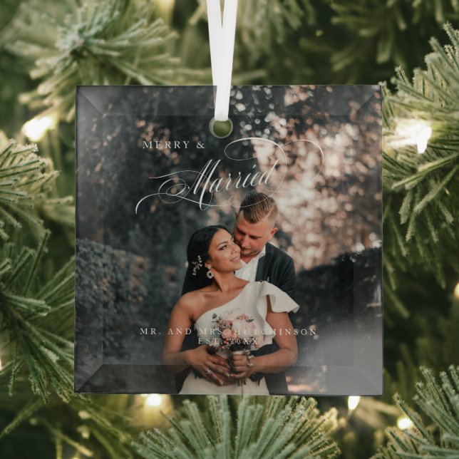 Merry & Married Elegant Script Photo Glass Tree Decoration (Insitu)
