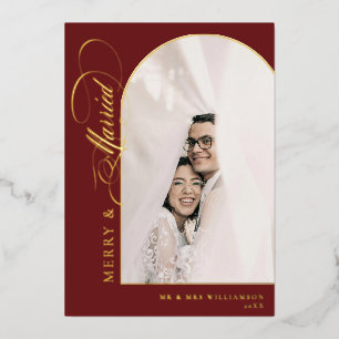 Merry & Married Elegant Script Red Arch Photo