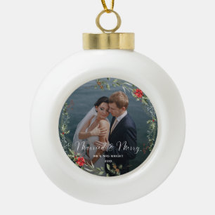 Merry & Married Elegant Script Wedding Photo Ceramic Ball Christmas Ornament