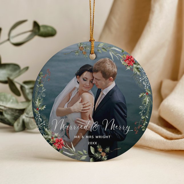 Merry & Married Elegant Script Wedding Photo Ceramic Tree Decoration (Creator Uploaded)