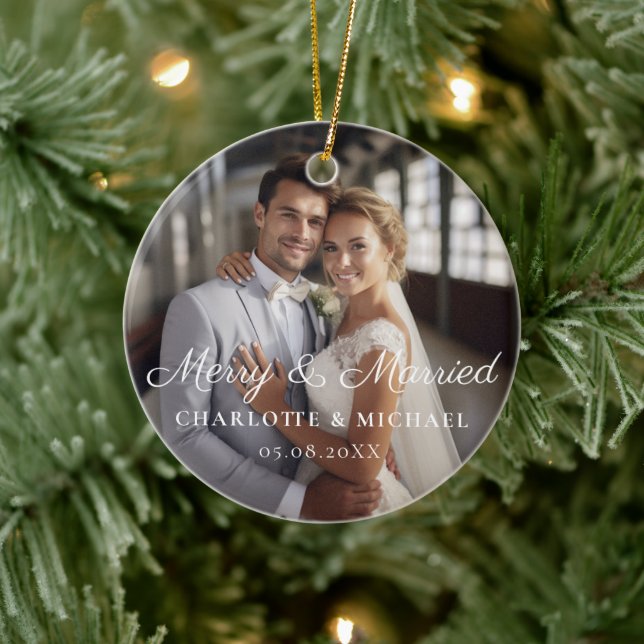 Merry & Married!  Elegant, Simpel, Photo Ceramic Tree Decoration (Tree)