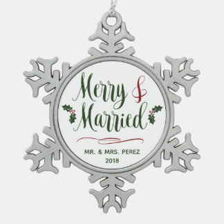 Merry & Married First Christmas Mr & Mrs Keepsake Snowflake Pewter Christmas Ornament
