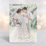 Merry & Married First Christmas Photo Rose Gold<br><div class="desc">Elegant and romantic swirly calligraphy lettering with a photo and optional text on the back. For more advanced customisation of this design,  please click the BLUE DESIGN TOOL BUTTON above!</div>