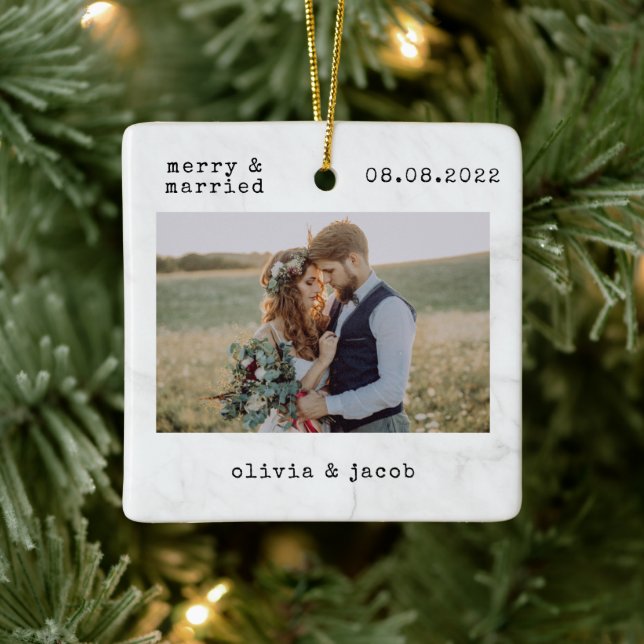 Merry & Married First Christmas Wedding Photo Ceramic Ornament (Tree)
