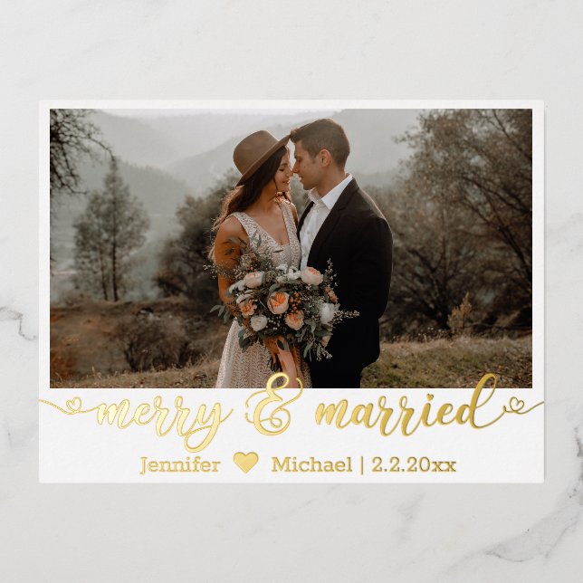 merry&married, gold calligraphy 2 wedding photos  foil holiday postcard (Front)