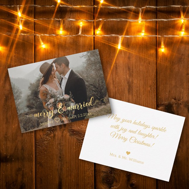 merry&married, gold calligraphy chic wedding photo card (Creator Uploaded)