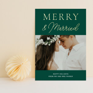 Merry Married Green Gold Script Photo Christmas