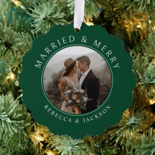 Merry Married Green Wedding Photo Christmas Tree Decoration Card