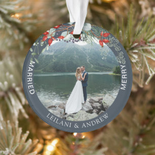 Merry Married Greenery Photo Blue First Christmas Ornament