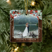 Merry Married Greenery Watercolor Photo Dark Wood