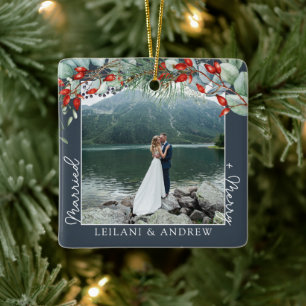 Merry Married Greenery Watercolor Photo Slate Ceramic Ornament