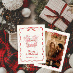 Merry & Married Hand-drawn Red Photo Christmas  Holiday Card<br><div class="desc">Celebrate your first holiday season as a married couple with this beautiful vintage-inspired "Merry & Married" Christmas card, designed to capture the magic of both Christmas and newlywed bliss. Hand-illustrated with elegant details, this festive red card features a joyful Christmas tree framed in a wavy, classic border, topped with a...</div>