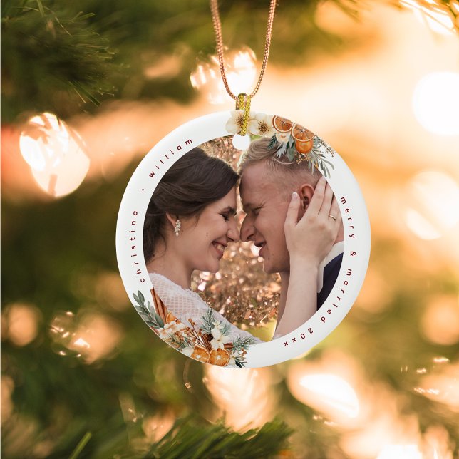 Merry & Married Holiday Wedding Newlyweds Photo Ceramic Tree Decoration (Creator Uploaded)