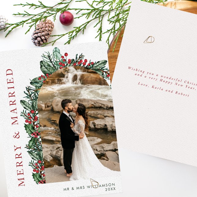 Merry & Married Holly & Berries Arch Photo Holiday Card (Creator Uploaded)