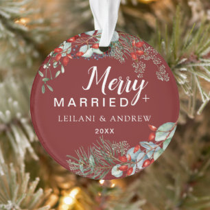 Merry Married Holly Greenery Christmas Burgundy Ornament