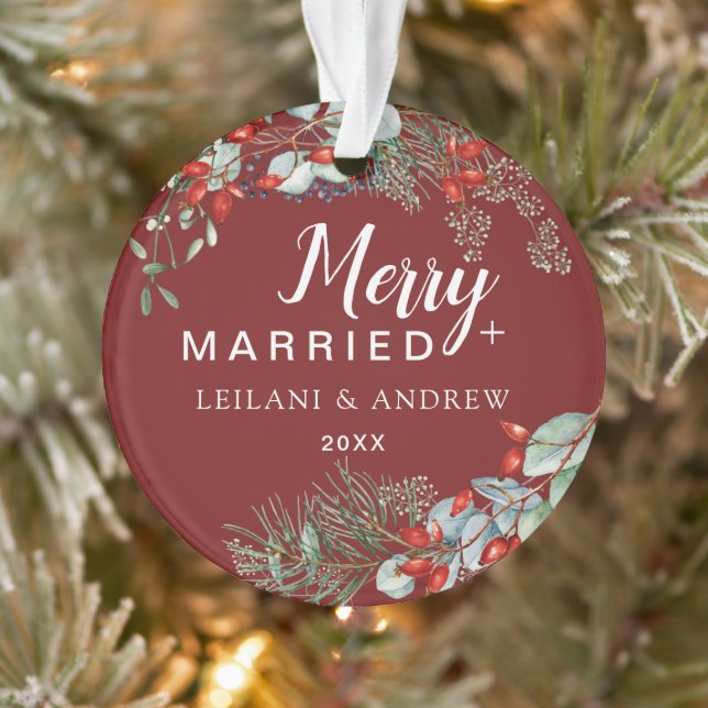 Merry Married Holly Greenery Christmas Burgundy Ornament (Tree)