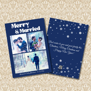 merry & married, modern dusty blue 3 photo wedding holiday card